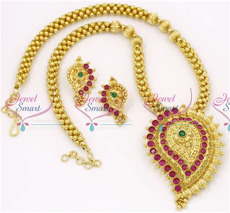 Gold necklace set indian design ajns53645 22kt with intricate hand made designs earring type ba. NL2875 Beaded Jewellery Temple Kempu South Indian Traditional Gold Design Pendant Collections ...