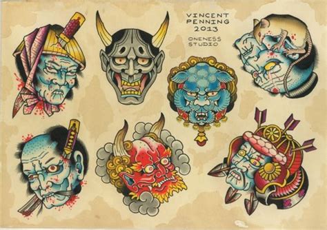 Japanese Masks Flash Tattoo By Vincent Penning Darkos Oneness