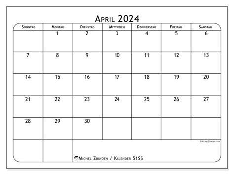Kalender April 2024 Zum Ausdrucken “51ss” Michel Zbinden Be