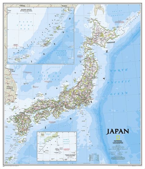 The map shows japan and neighboring countries with international borders, the national capital tokyo, major cities, main roads, and the map shows the location of following japanese cities and towns Japan Classic Wall Map, Laminated - National Geographic Store
