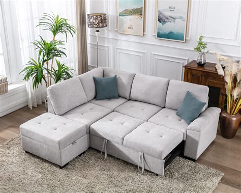 Buy Merax 86” Linen Reversible Sectional Couch With Pull Out Sleeper L