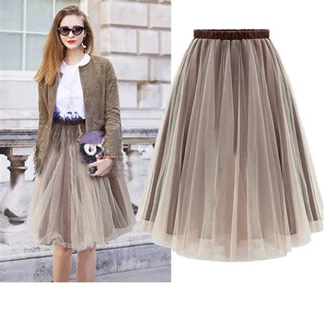 Vdogrir New Fashion 2017 Ladies Khaki Color 2 Layer Pleated Skirt Long