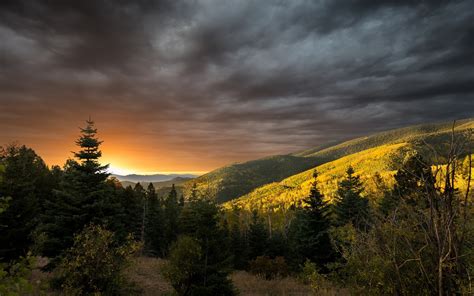 Nature Landscape Sunset Mountain Forest Clouds Fall Shrubs Sunlight Trees Wallpapers HD