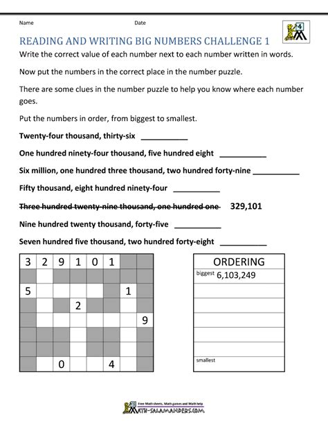 4th Grade Math Worksheets Reading Writing And Rounding Big Numbers