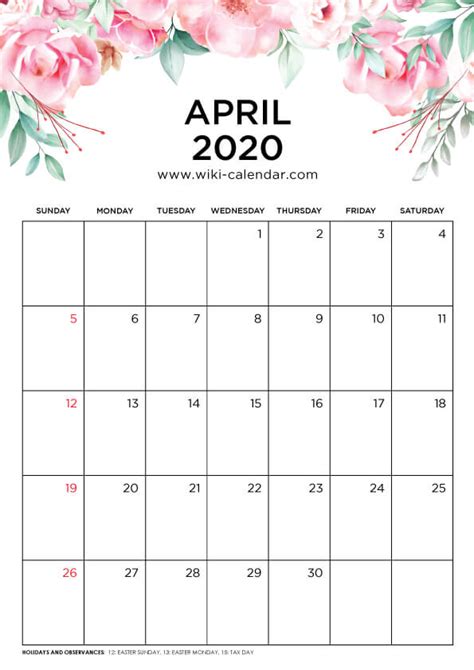 Printing tips for april 2020 calendar. Free Printable 2020 Floral Calendar