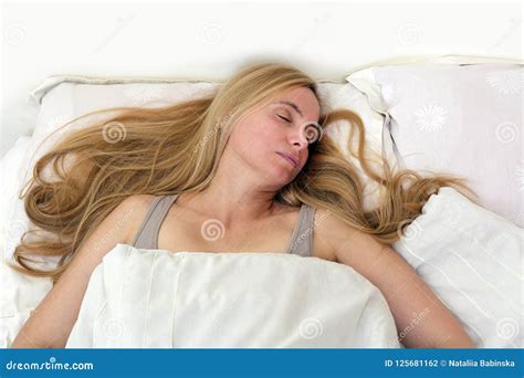 Middle Age Woman Real Portrait Bed Bedroom Blonde Long Hair Fifty Plus Copy Space 50 Blanket