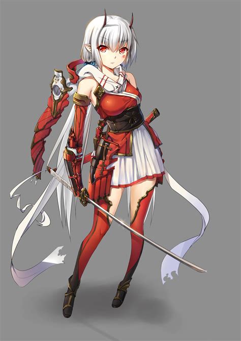 Long Hair Red Eyes Anime Anime Girls Gray Hair Sword Katana Armor Horns 3507x4960