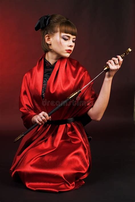 Girl In Red Kimono With Katana Stock Image Image Of Young East 12526237