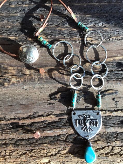 Primitive Thunderbird Necklace With Turquoise And Leather With Vintage Nickel Buffalo Nickel