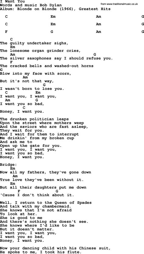 I'll find somebody like you. Bob Dylan song - I Want You, lyrics and chords