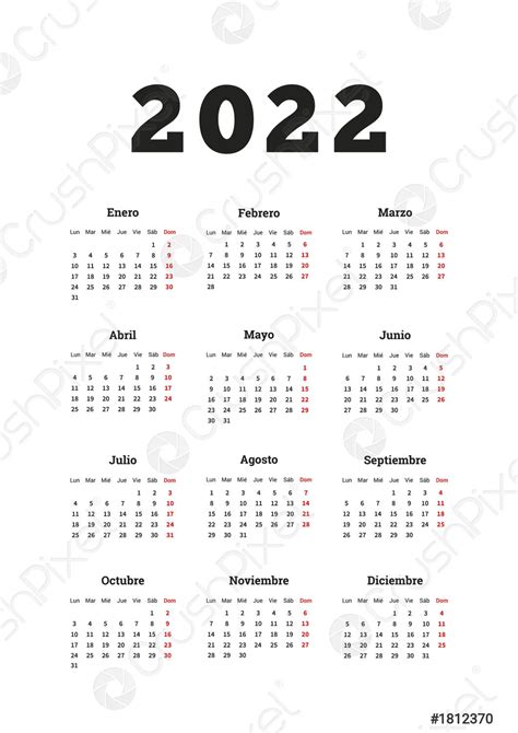 2022 Year Simple Calendar In Spanish A4 Size Vertical Sheet Stock