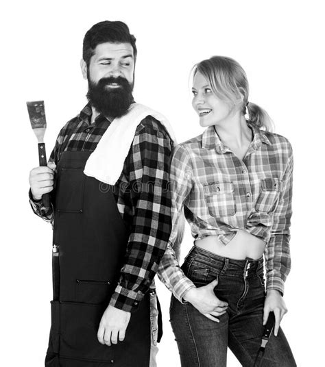Bearded Hipster And Girl Hold Cooking Grilling Utensils White Background Picnic And Barbecue