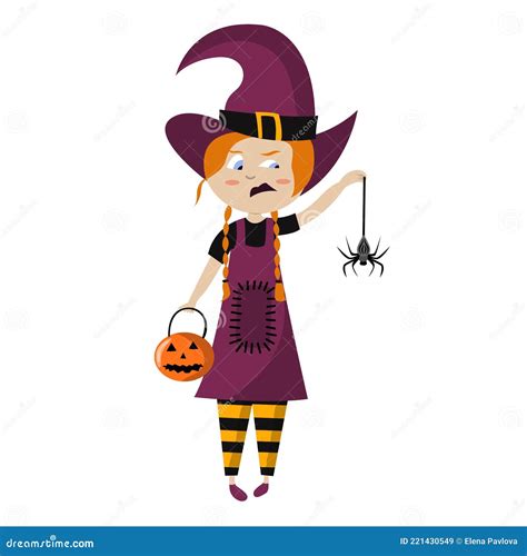 Halloween Vector Illustration Of Girl In Witch Costume With Red Hair Holding Pumpkin And Spider