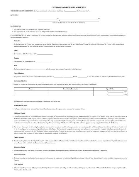 Free Florida Partnership Agreement Template Forms Legal
