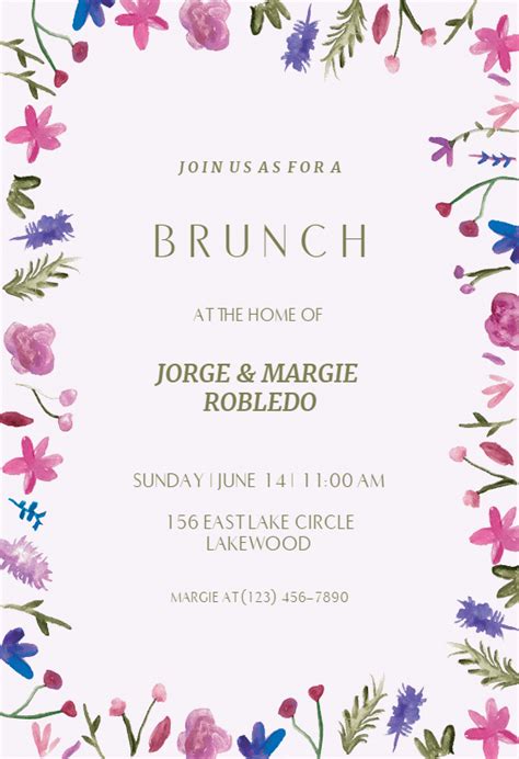 Watercolor Flowers Brunch And Lunch Invitation Template Free