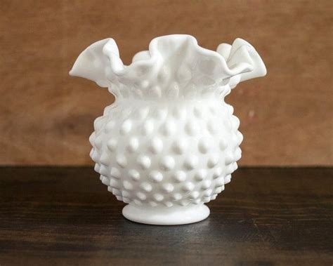 Large Fenton Hobnail Vase Milk Glass Hobnail Design Vase Double Ruffled Scalloped Rim Milk