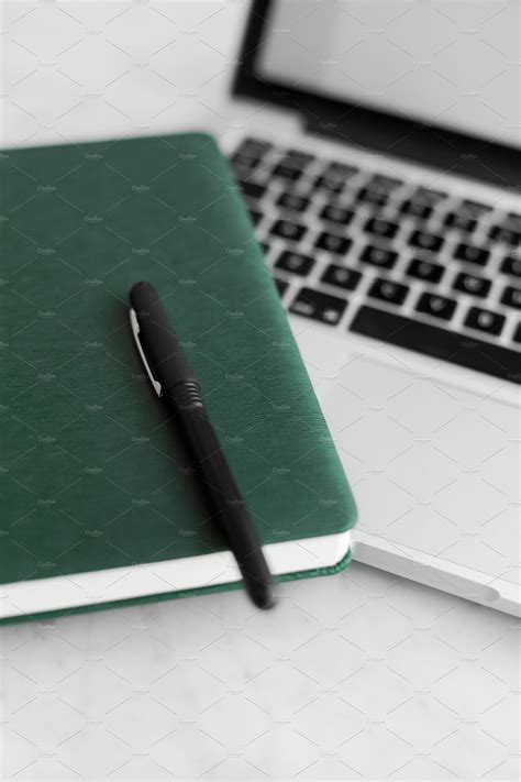 Laptop Pen And Dark Green Notebook Laptop Photography Coffee Shop