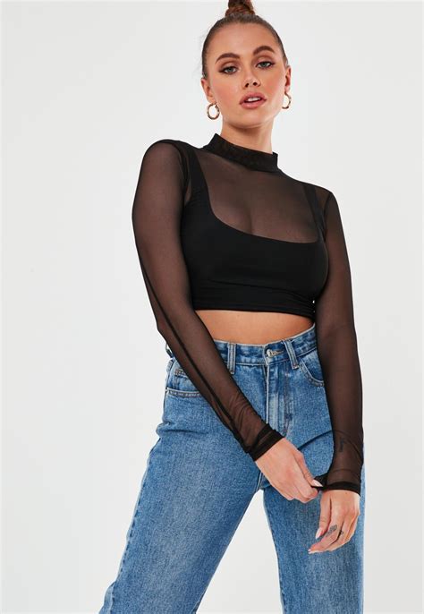 A crop top at the office? Black Mesh High Neck Long Sleeve Crop Top | Missguided