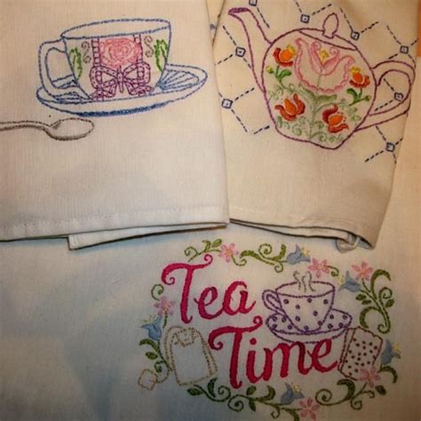 Tea Time Hand Embroidered Tea Towels Set Of Six Cotton Etsy Tea