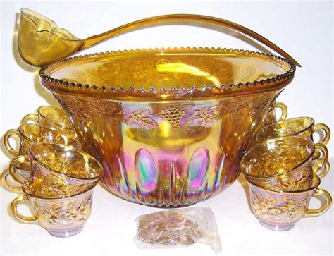 Blue Carnival Glass Punch Bowl Set Antique Glassware Vintage Carnival Berry Bowl Indiana