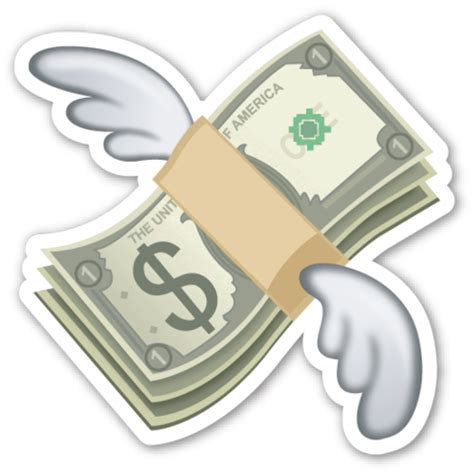 The money with wings emoji (u+1f4b8) was released by unicode in 2010, as a part of unicode version 6.0. **This sticker is the large 2 inch version that sells for $1/each. If you are looking for the E ...
