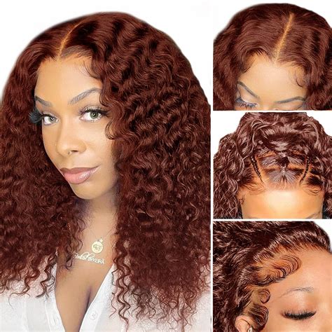 Reddish Brown Deep Wave Lace Front Wigs Human Hair Pre Plucked 16inch Colored 13x4