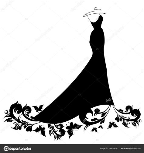 Black Silhouette Wedding Dress Butterflies Isolated White Background