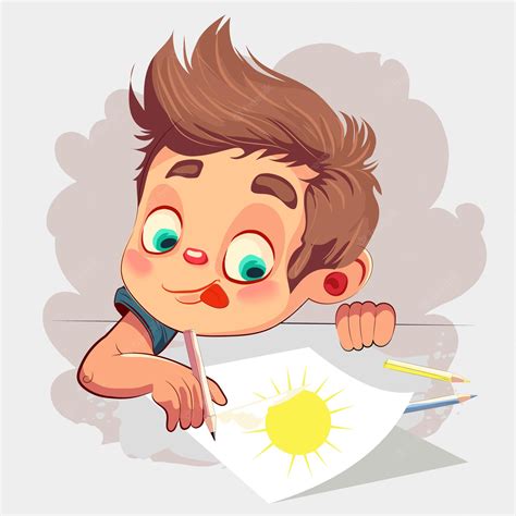 Un Niño Dibujando Un Sol En Un Papel Con Un Lápiz Vector Premium