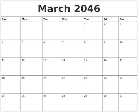 March 2046 Print Monthly Calendar