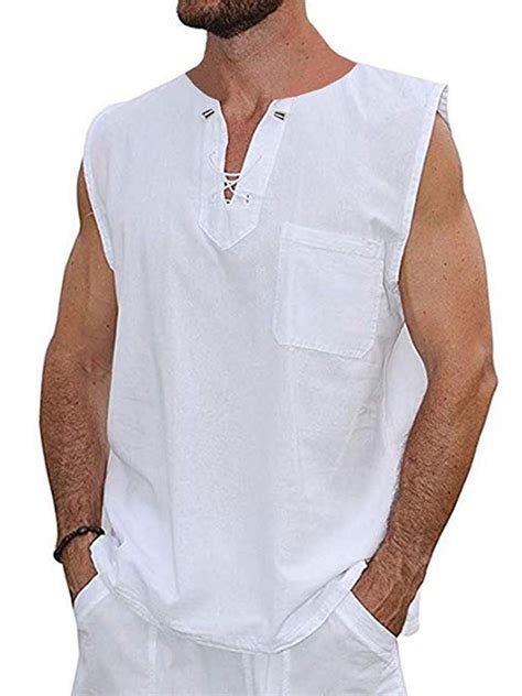 Caitzr Mens Cotton Linen T Shirt Sleeveless Henley Tops Casual Loose