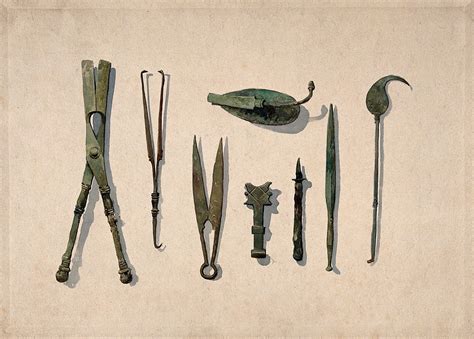 Eight Ancient Roman Surgical Instruments Watercolour 18501910