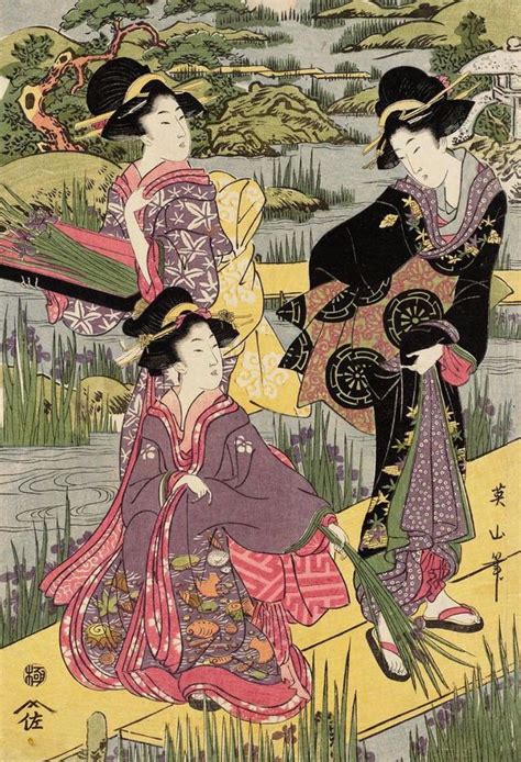 women in an iris garden woodblock print early years of 19th century japan by artist kikugawa
