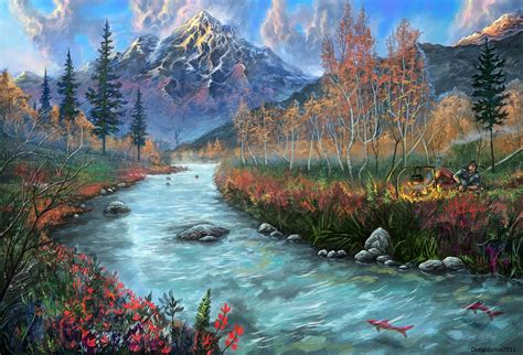 Art Painted Landscape Fish River Mountain Stones Man Hd Wallpaper