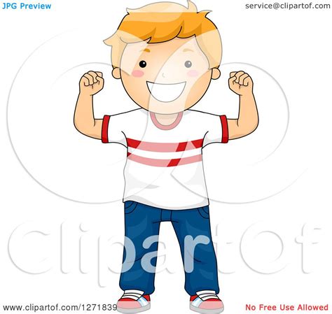 Clipart Of A Strong Red Haired White Boy Flexing His Arms Royalty