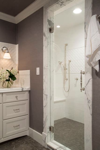 White And Gray Bathroom Walk In Shower St Louis Mo Transitional