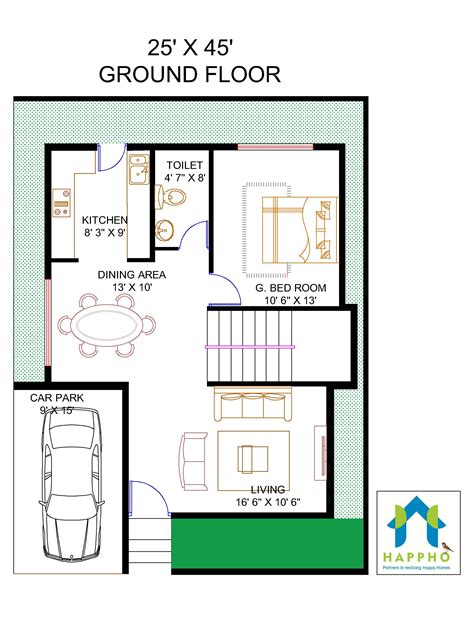 20×40 House Plan 2bhk 2 Bhk Floor Plan For 45 X 25 Plot 1125 Square