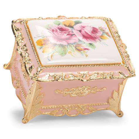 Floral Pink With Gold Accent Oblong Metal Jewelry Music Box Plays