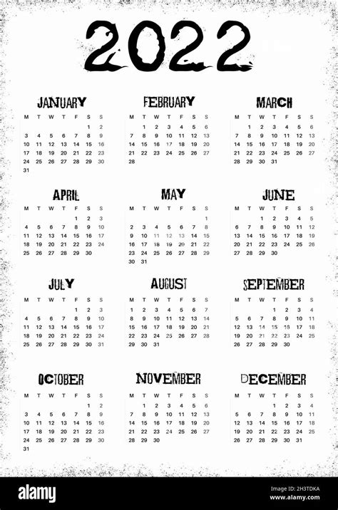 Calendar Template For Planners Calendar 2022 Grunge Style Stock Photo