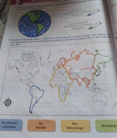 Observa el siguiente mapa y colorea los continentes de acuerdo al color que indican sus ríos