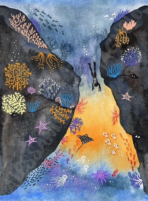 Journey Of The Deep Sea Dweller Watercolor Scuba Diving Etsy Sea