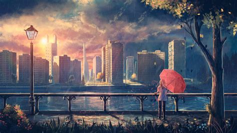 Anime Girls Cityscape Rain Artwork Sunlight Trees Umbrella Wallpapers Hd Desktop And