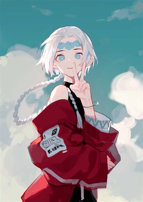 An Anime Character With White Hair Wearing A Red Kimono And Holding Her Finger To Her Mouth