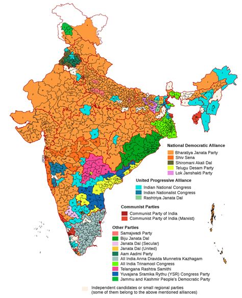 People vote for their preferred party and the candidate of examining the political scenario of indian general election 2019, bjp is clearly taking the lead as it has a stronghold in most of the states in the country. File:Indische Parlamentswahl 2014 Parteien.svg - Wikimedia ...