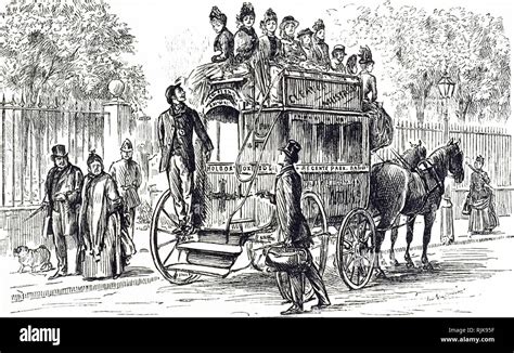 An Engraving Depicting A Horse Drawn Bus London Dated 19th Century