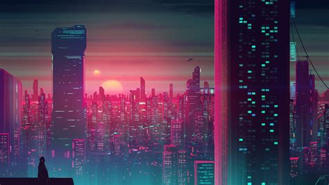 Retro Wave Sci Fi City At Sunset Hd Wallpaper Background Image