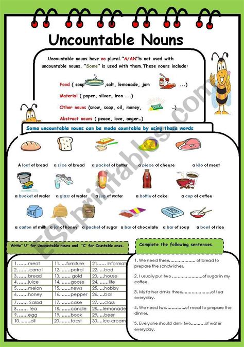 Uncountable Nouns Esl Worksheet By Dadi Meriouma