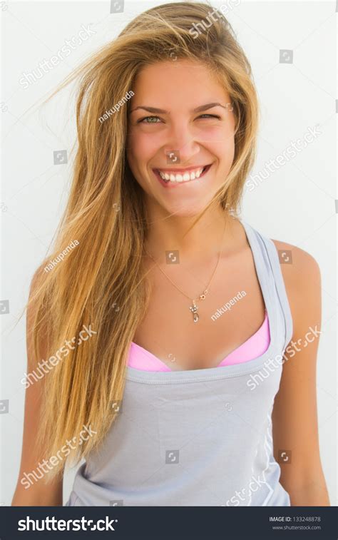 Closeup Pretty Young Blonde Woman Smiling Stock Photo 133248878