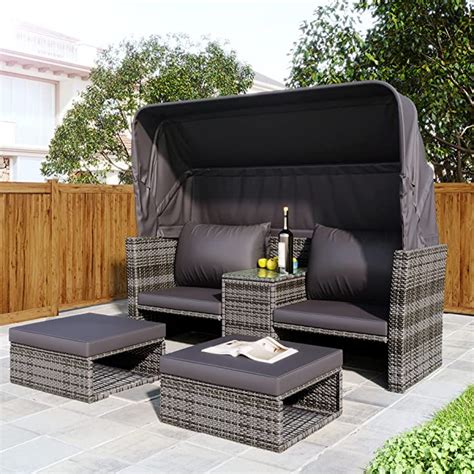 Buy 4 Seater Rattan Garden Furniture Set With Retractable Canopy All Weather Patio Pe Wicker