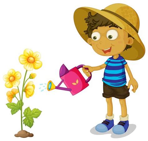 Boy Watering Yellow Flower With Can 474688 Vector Art At Vecteezy