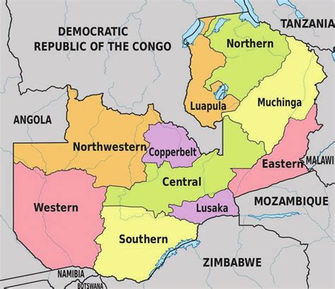 Map Of Zambia Showing Its Provinces And Neighbouring Countries